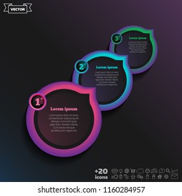 Vector infographic design with colorful circle on the black background. Business concept. 3 options, parts, steps. Can be used for graph, diagram, chart, workflow layout, number options, web