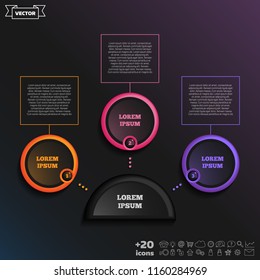 Vector infographic design with colorful circle on the black background. Business concept. 3 options, parts, steps. Can be used for graph, diagram, chart, workflow layout, number options, web