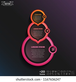 Vector infographic design with colorful circle on the black background. Business concept. 3 options, parts, steps. Can be used for graph, diagram, chart, workflow layout, number options, web