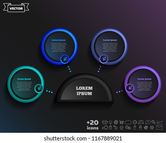 Vector infographic design with colorful circle on the black background. Business concept. 4 options, parts, steps. Can be used for graph, diagram, chart, workflow layout, number options, web