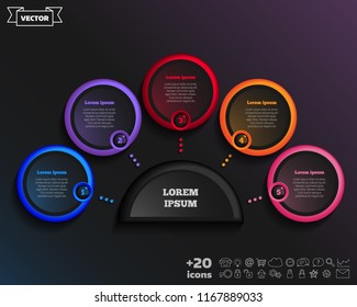 Vector infographic design with colorful circle on the black background. Business concept. 5 options, parts, steps. Can be used for graph, diagram, chart, workflow layout, number options, web