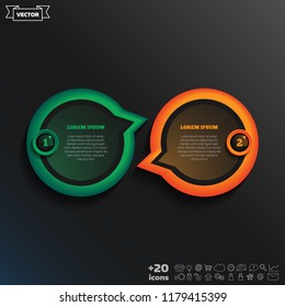 Vector infographic design with colorful circle on the black background. Business concept. 2 options, parts, steps. Can be used for graph, diagram, chart, workflow layout, number options, web