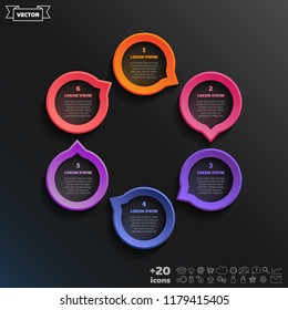 Vector infographic design with colorful circle on the black background. Business concept. 6 options, parts, steps. Can be used for graph, diagram, chart, workflow layout, number options, web