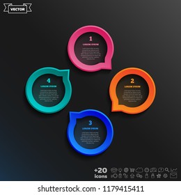 Vector infographic design with colorful circle on the black background. Business concept. 4 options, parts, steps. Can be used for graph, diagram, chart, workflow layout, number options, web