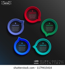Vector infographic design with colorful circle on the black background. Business concept. 5 options, parts, steps. Can be used for graph, diagram, chart, workflow layout, number options, web