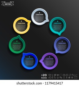 Vector infographic design with colorful circle on the black background. Business concept. 7 options, parts, steps. Can be used for graph, diagram, chart, workflow layout, number options, web