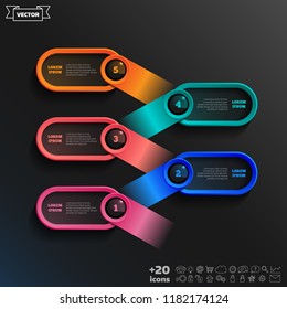 Vector infographic design with colorful circle on the black background. Business concept. 5 options, parts, steps. Can be used for graph, diagram, chart, workflow layout, number options, web