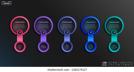 Vector infographic design with colorful circle on the black background. Business concept. 5 options, parts, steps. Can be used for graph, diagram, chart, workflow layout, number options, web