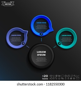 Vector infographic design with colorful circle on the black background. Business concept. 3 options, parts, steps. Can be used for graph, diagram, chart, workflow layout, number options, web