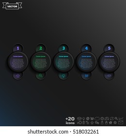 Vector infographic design with colorful circle on the black background. Business concept. 5 options, parts, steps. Can be used for graph, diagram, chart, workflow layout, number options, web