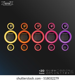 Vector infographic design with colorful circle on the black background. Business concept. 5 options, parts, steps. Can be used for graph, diagram, chart, workflow layout, number options, web
