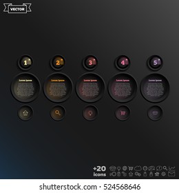 Vector infographic design with colorful circle on the black background. Business concept. 5 options, parts, steps. Can be used for graph, diagram, chart, workflow layout, number options, web