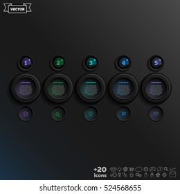 Vector infographic design with colorful circle on the black background. Business concept. 5 options, parts, steps. Can be used for graph, diagram, chart, workflow layout, number options, web