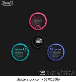 Vector infographic design with colorful circle on the black background. Business concept. 3 options, parts, steps. Can be used for graph, diagram, chart, workflow layout, number options, web