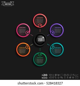 Vector infographic design with colorful circle on the black background. Business concept. 6 options, parts, steps. Can be used for graph, diagram, chart, workflow layout, number options, web