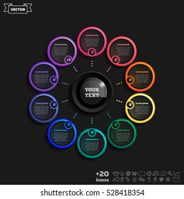 Vector infographic design with colorful circle on the black background. Business concept. 10 options, parts, steps. Can be used for graph, diagram, chart, workflow layout, number options, web