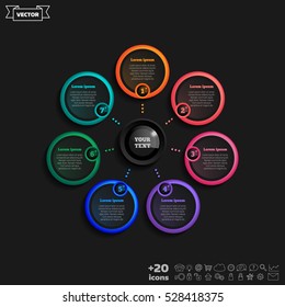 Vector infographic design with colorful circle on the black background. Business concept. 7 options, parts, steps. Can be used for graph, diagram, chart, workflow layout, number options, web