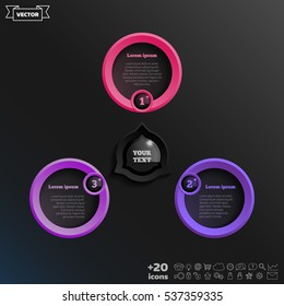 Vector infographic design with colorful circle on the black background. Business concept. 3 options, parts, steps. Can be used for graph, diagram, chart, workflow layout, number options, web