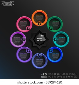 Vector infographic design with colorful circle on the black background. Business concept. 8 options, parts, steps. Can be used for graph, diagram, chart, workflow layout, number options, web