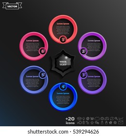 Vector infographic design with colorful circle on the black background. Business concept. 6 options, parts, steps. Can be used for graph, diagram, chart, workflow layout, number options, web