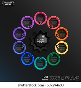 Vector infographic design with colorful circle on the black background. Business concept. 10 options, parts, steps. Can be used for graph, diagram, chart, workflow layout, number options, web