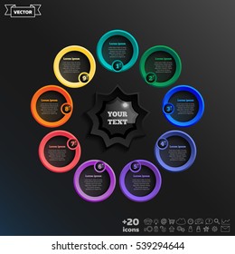 Vector infographic design with colorful circle on the black background. Business concept. 9 options, parts, steps. Can be used for graph, diagram, chart, workflow layout, number options, web