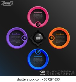 Vector infographic design with colorful circle on the black background. Business concept. 4 options, parts, steps. Can be used for graph, diagram, chart, workflow layout, number options, web