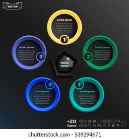 Vector infographic design with colorful circle on the black background. Business concept. 5 options, parts, steps. Can be used for graph, diagram, chart, workflow layout, number options, web