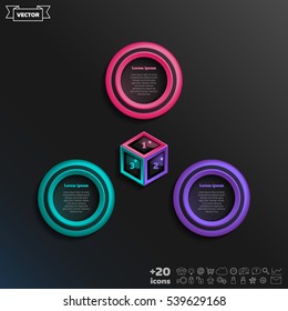 Vector infographic design with colorful circle on the black background. Business concept. 3 options, parts, steps. Can be used for graph, diagram, chart, workflow layout, number options, web