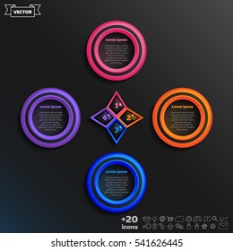 Vector infographic design with colorful circle on the black background. Business concept. 4 options, parts, steps. Can be used for graph, diagram, chart, workflow layout, number options, web