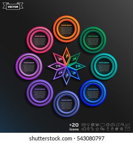 Vector infographic design with colorful circle on the black background. Business concept. 8 options, parts, steps. Can be used for graph, diagram, chart, workflow layout, number options, web