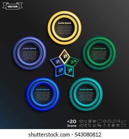 Vector infographic design with colorful circle on the black background. Business concept. 5 options, parts, steps. Can be used for graph, diagram, chart, workflow layout, number options, web