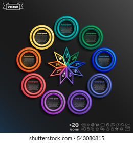 Vector infographic design with colorful circle on the black background. Business concept. 9 options, parts, steps. Can be used for graph, diagram, chart, workflow layout, number options, web