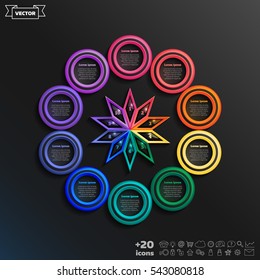 Vector infographic design with colorful circle on the black background. Business concept. 10 options, parts, steps. Can be used for graph, diagram, chart, workflow layout, number options, web