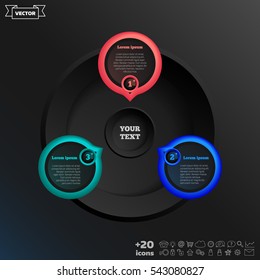 Vector infographic design with colorful circle on the black background. Business concept. 3 options, parts, steps. Can be used for graph, diagram, chart, workflow layout, number options, web