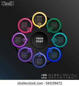 Vector infographic design with colorful circle on the black background. Business concept. 8 options, parts, steps. Can be used for graph, diagram, chart, workflow layout, number options, web