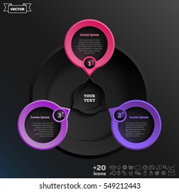Vector infographic design with colorful circle on the black background. Business concept. 3 options, parts, steps. Can be used for graph, diagram, chart, workflow layout, number options, web