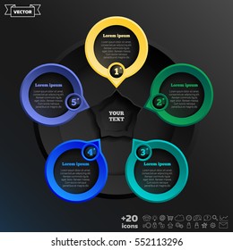 Vector infographic design with colorful circle on the black background. Business concept. 5 options, parts, steps. Can be used for graph, diagram, chart, workflow layout, number options, web