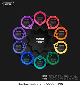 Vector infographic design with colorful circle on the black background. Business concept. 10 options, parts, steps. Can be used for graph, diagram, chart, workflow layout, number options, web