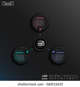 Vector infographic design with colorful circle on the black background. Business concept. 3 options, parts, steps. Can be used for graph, diagram, chart, workflow layout, number options, web