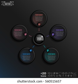 Vector infographic design with colorful circle on the black background. Business concept. 5 options, parts, steps. Can be used for graph, diagram, chart, workflow layout, number options, web
