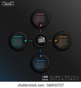 Vector infographic design with colorful circle on the black background. Business concept. 4 options, parts, steps. Can be used for graph, diagram, chart, workflow layout, number options, web