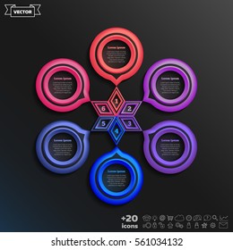 Vector infographic design with colorful circle on the black background. Business concept. 6 options, parts, steps. Can be used for graph, diagram, chart, workflow layout, number options, web
