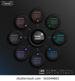Vector infographic design with colorful circle on the black background. Business concept. 8 options, parts, steps. Can be used for graph, diagram, chart, workflow layout, number options, web