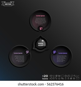 Vector infographic design with colorful circle on the black background. Business concept. 3 options, parts, steps. Can be used for graph, diagram, chart, workflow layout, number options, web