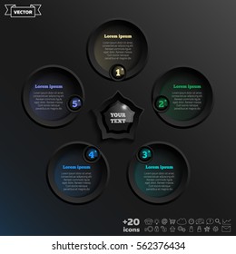 Vector infographic design with colorful circle on the black background. Business concept. 5 options, parts, steps. Can be used for graph, diagram, chart, workflow layout, number options, web