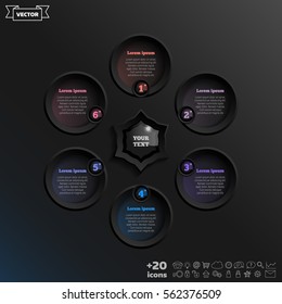 Vector infographic design with colorful circle on the black background. Business concept. 6 options, parts, steps. Can be used for graph, diagram, chart, workflow layout, number options, web