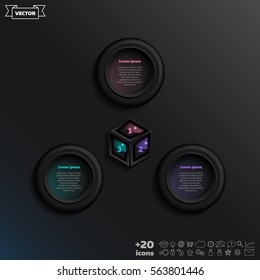 Vector infographic design with colorful circle on the black background. Business concept. 3 options, parts, steps. Can be used for graph, diagram, chart, workflow layout, number options, web