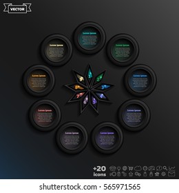 Vector infographic design with colorful circle on the black background. Business concept. 9 options, parts, steps. Can be used for graph, diagram, chart, workflow layout, number options, web