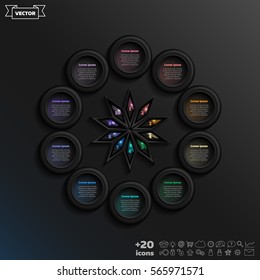 Vector infographic design with colorful circle on the black background. Business concept. 10 options, parts, steps. Can be used for graph, diagram, chart, workflow layout, number options, web